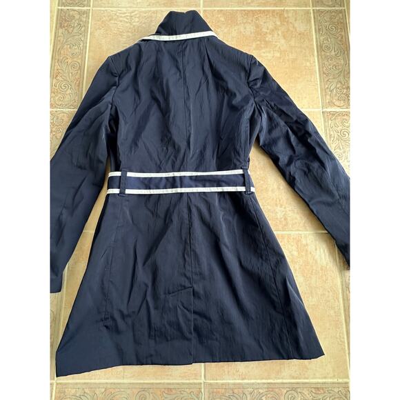 Banana Republic Trench Coat Navy White Ribbon Trim Belted Pocket Women size S - Picture 3 of 13